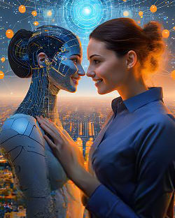 Eine Frau und ein weiblicher KI-Roboter stehen zusammen und lächeln sich an.