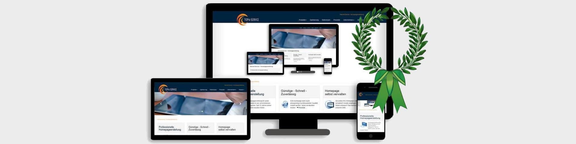 Desktop, Tablet und Smartphone zeigen eine Übersicht der Homepage-Erstellung..