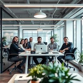 Ein Team von Webdesignern sitzt in einem modernen Büro an einem großen Schreibtisch.