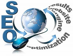 Grafik einer Weltkugel mit einer Mouse umschrieben mit "SEO" und "Homepage-Erstellung.